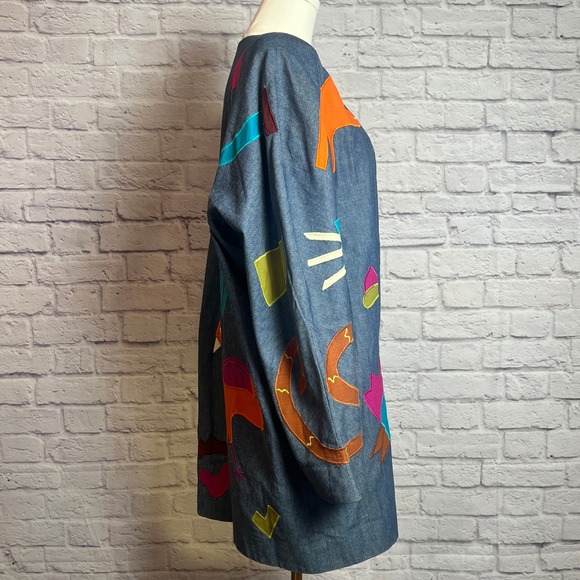 Girasol Vintage Denim Folk Art Jacket L Colorful Appliqué Animals Made in Mexico - Picture 3 of 9